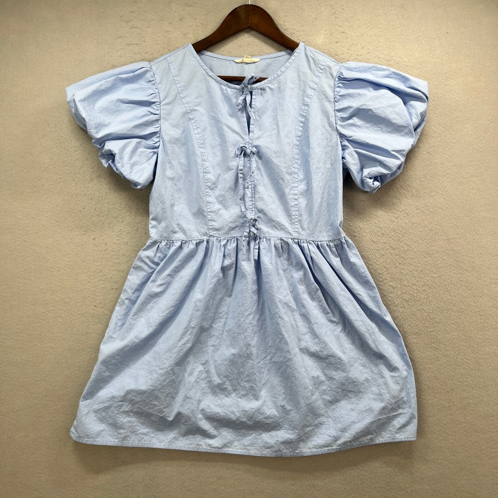 Sim & Sam Dress Womens XL Light Blue Cotton Puff Sleeve Tie Front Cottagecore